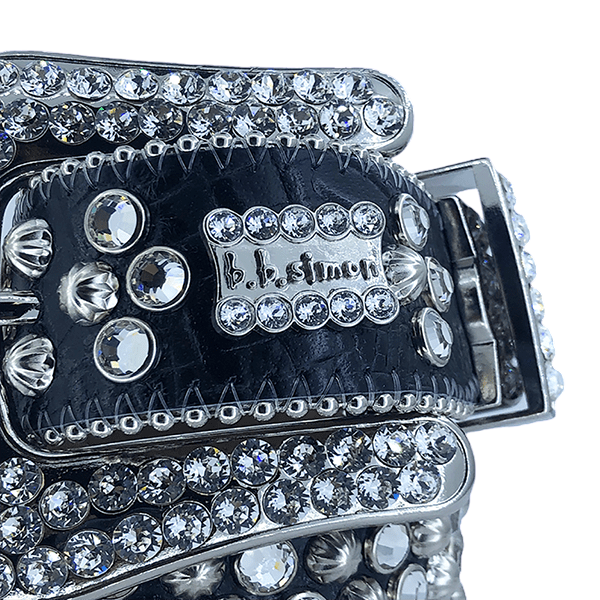 Premium B B Simon Lavasan Black Crystal-Embellished Genuine Leather Belt