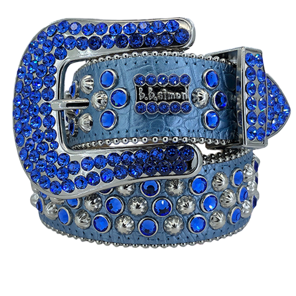 B B Simon Blue Lavasan Crystal Studded Leather Designer Fashion Belt